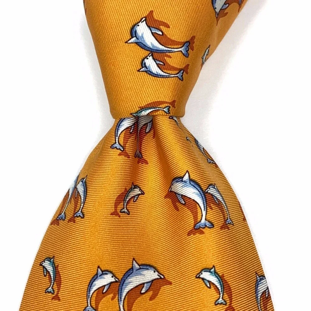 TANGO Tie Orange All Silk Marine Animal Dolphins Men's Necktie Made in Korea 58